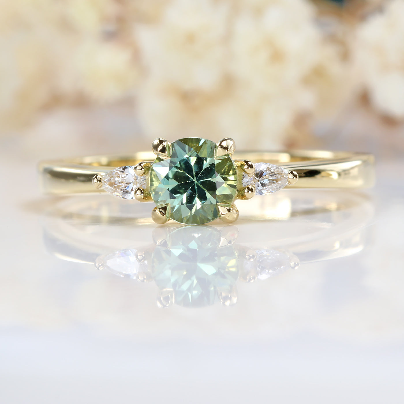 Mint Green Sapphire & Diamond Trilogy Engagement Ring
