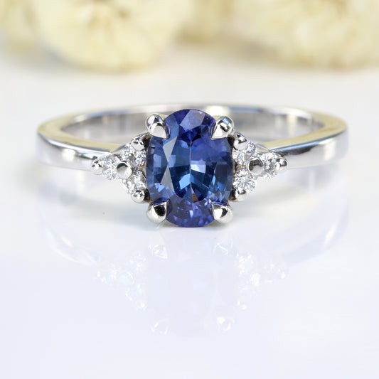 Custom Indigo Blue Sapphire & Diamond Cluster Engagement Ring