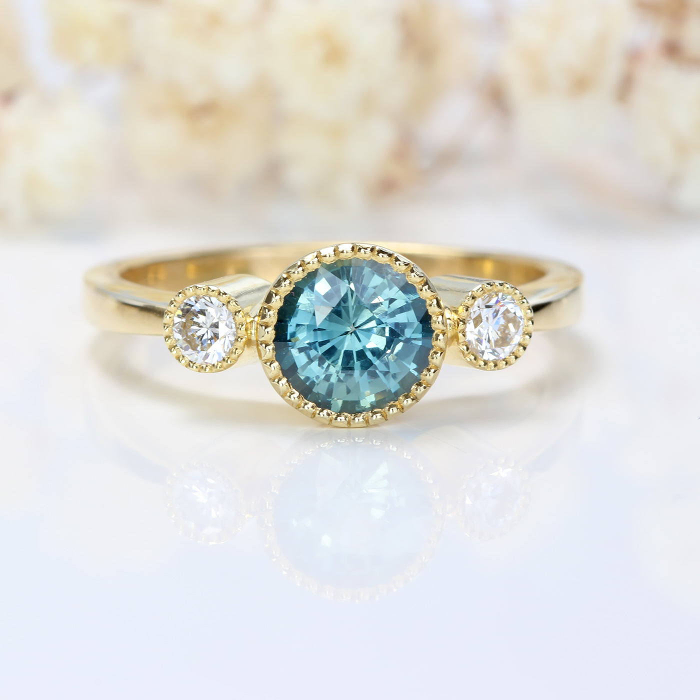 18ct Gold Teal Sapphire & Diamond Trilogy Engagement Ring (Size M, Resize K - O)