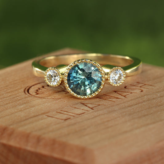 18ct Gold Teal Sapphire & Diamond Trilogy Engagement Ring (Size M, Resize K - O)