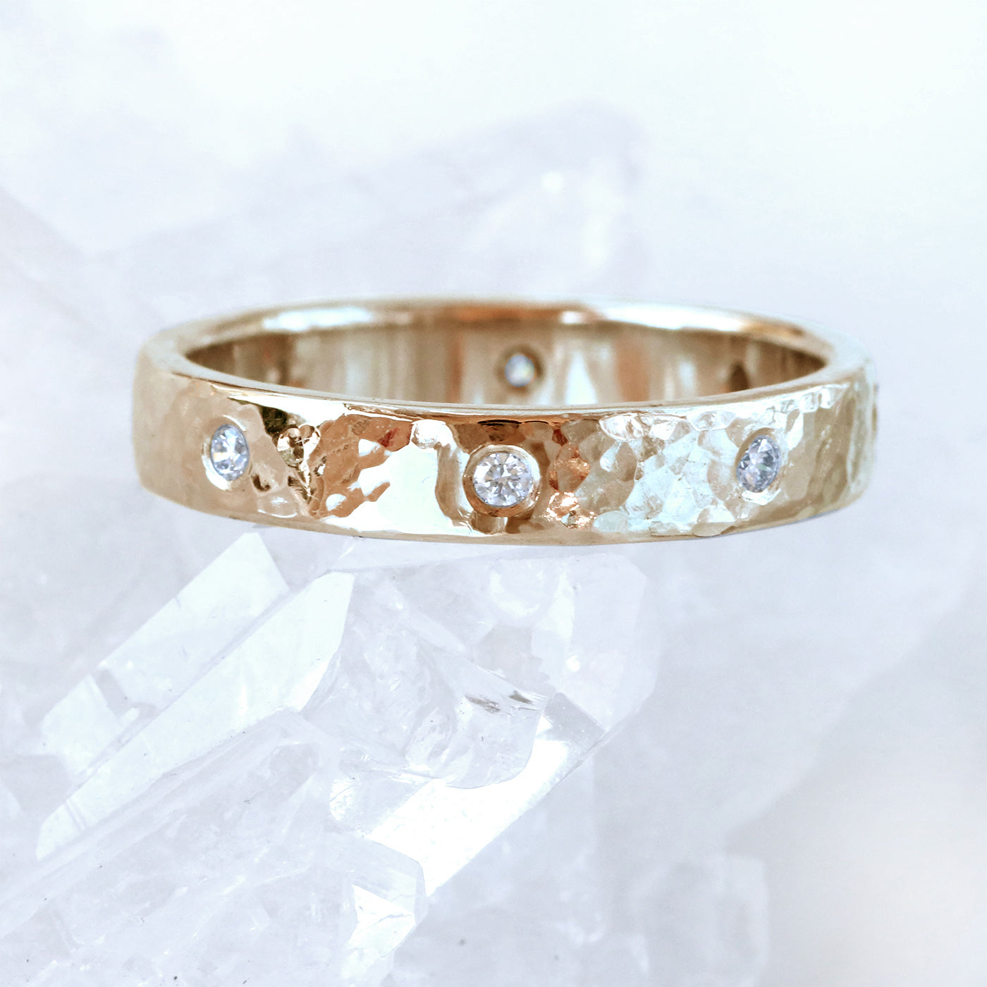 18ct Rose Gold 3.5mm 8 Diamond Hammered Wedding Ring