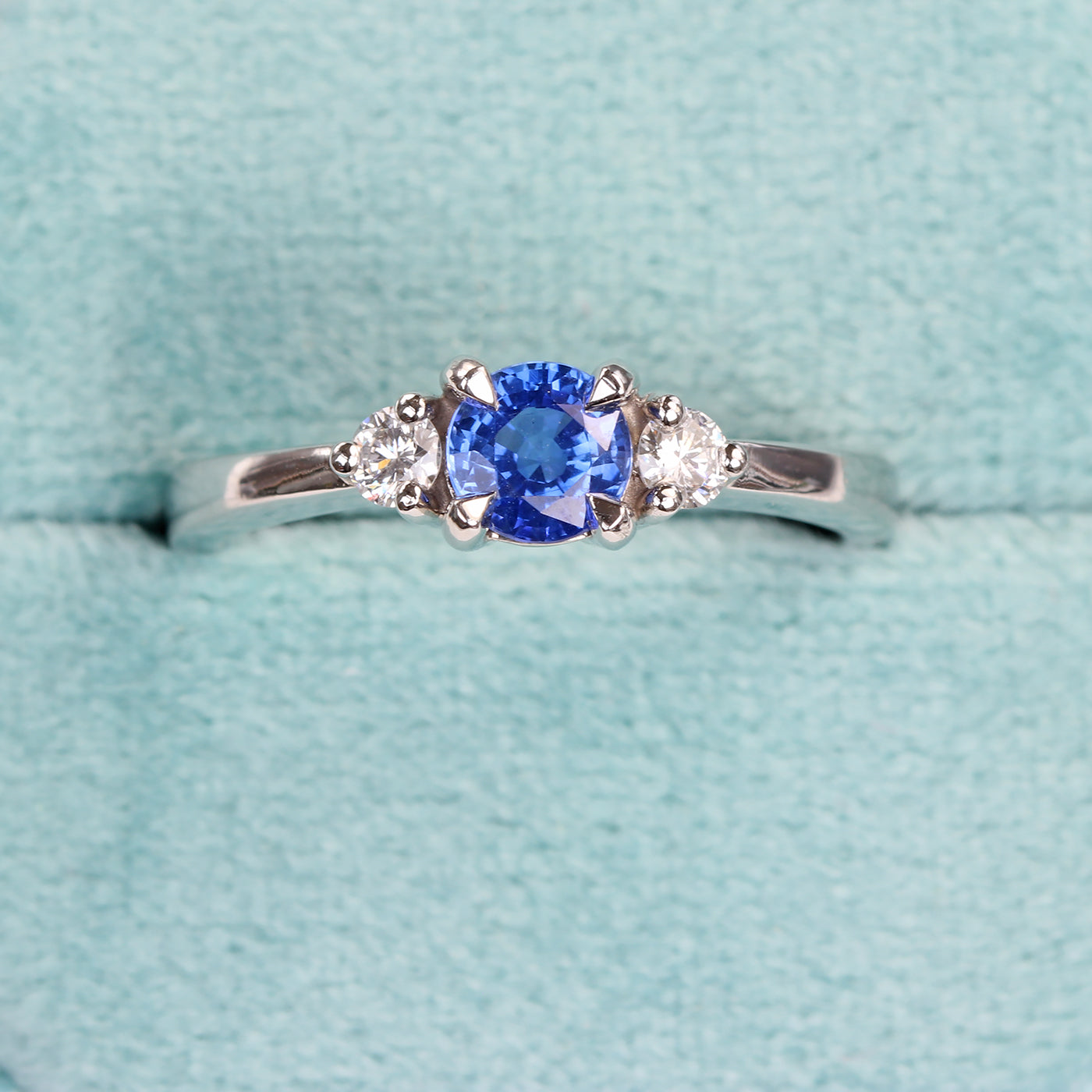 Ceylon Sapphire and Diamond Trilogy Platinum Engagement Ring (Size J, Resize G - M )