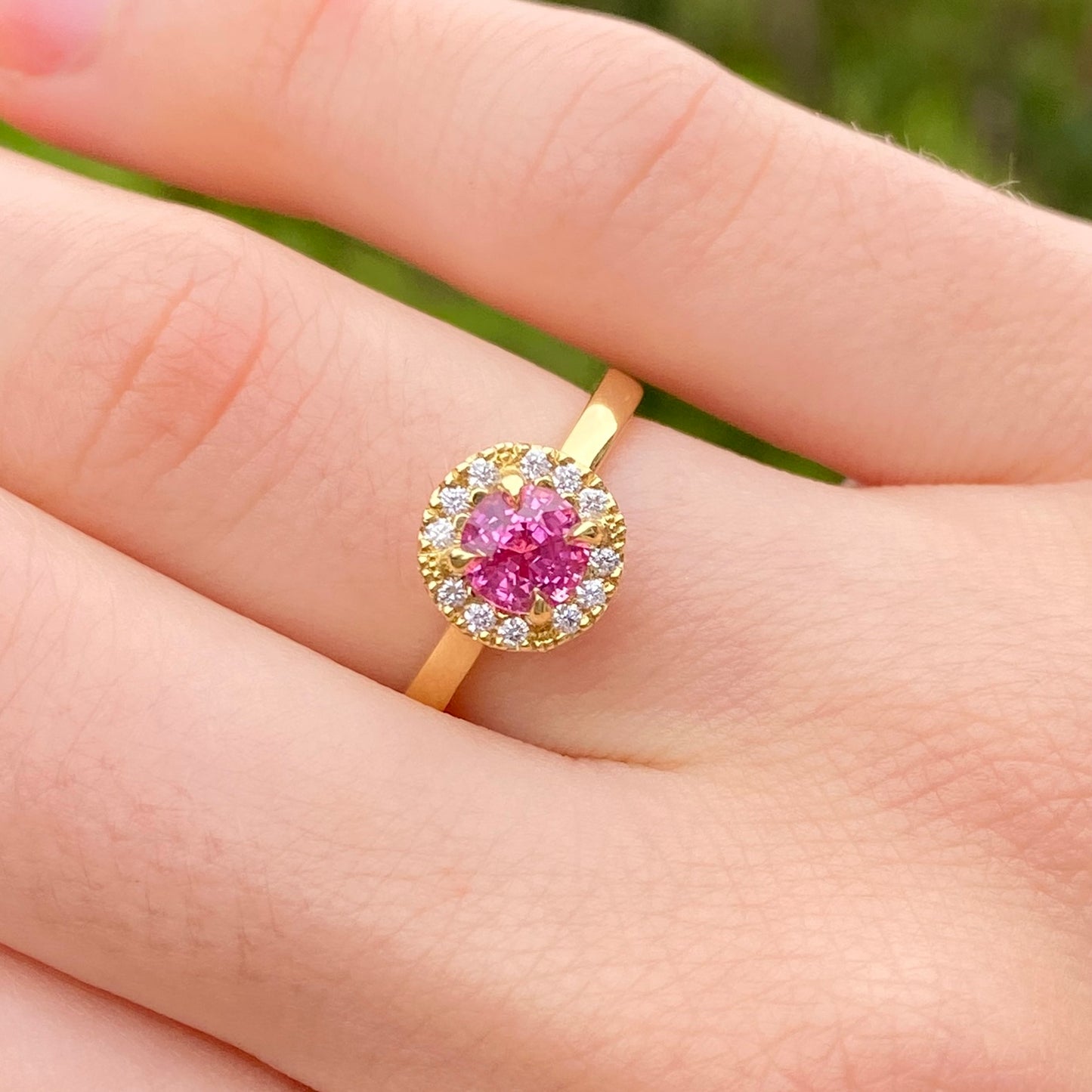 18ct Gold Pink Sapphire & Diamond Halo Engagement Ring