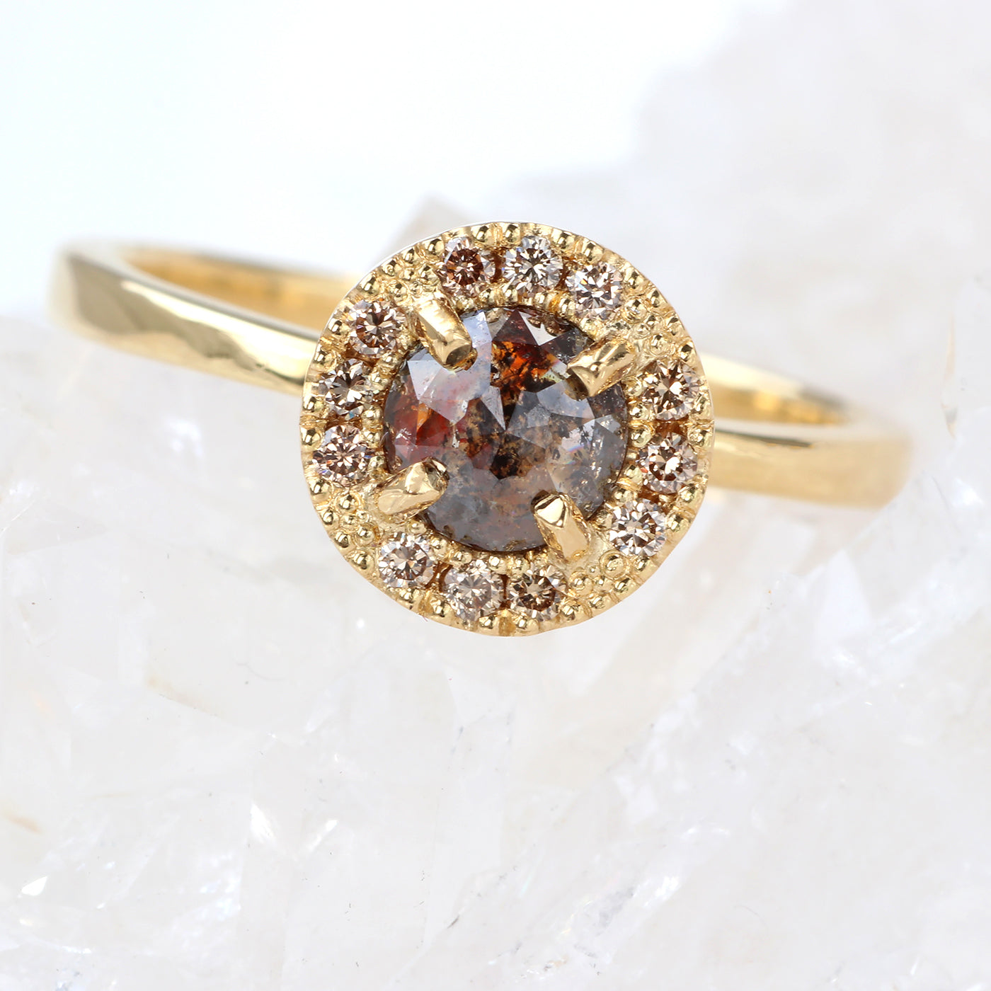 18ct Gold Cognac and Champagne Diamond Halo Ring