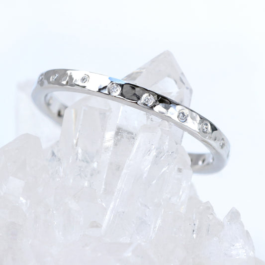 18ct White Gold Slim Hammered 20 Diamond Wedding Ring