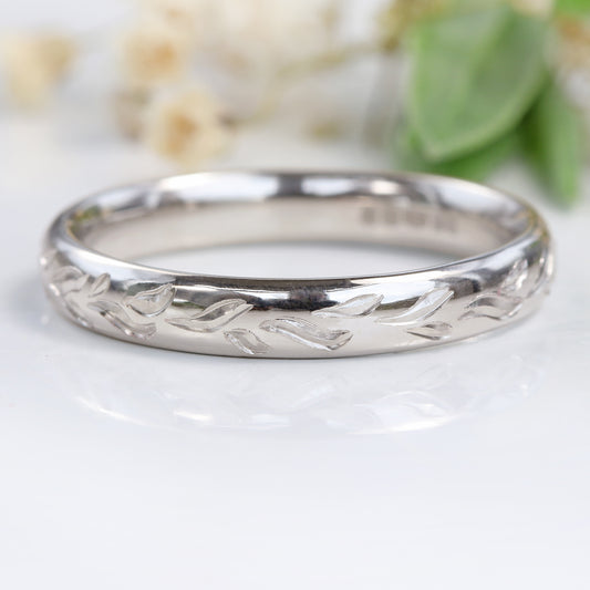 18ct White Gold Engraved Leaves 3mm Comfort Fit Court Wedding Ring