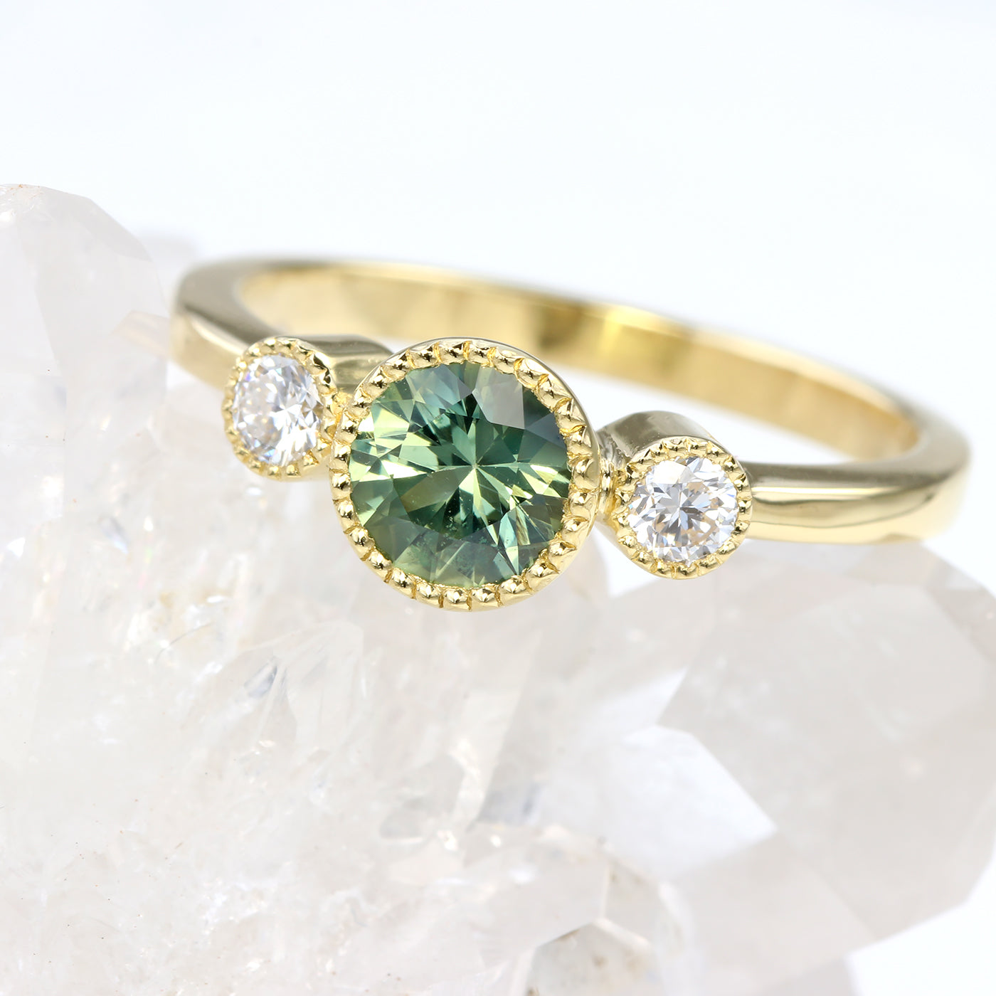 18ct Gold Green Sapphire and Diamond Trilogy Engagement Ring