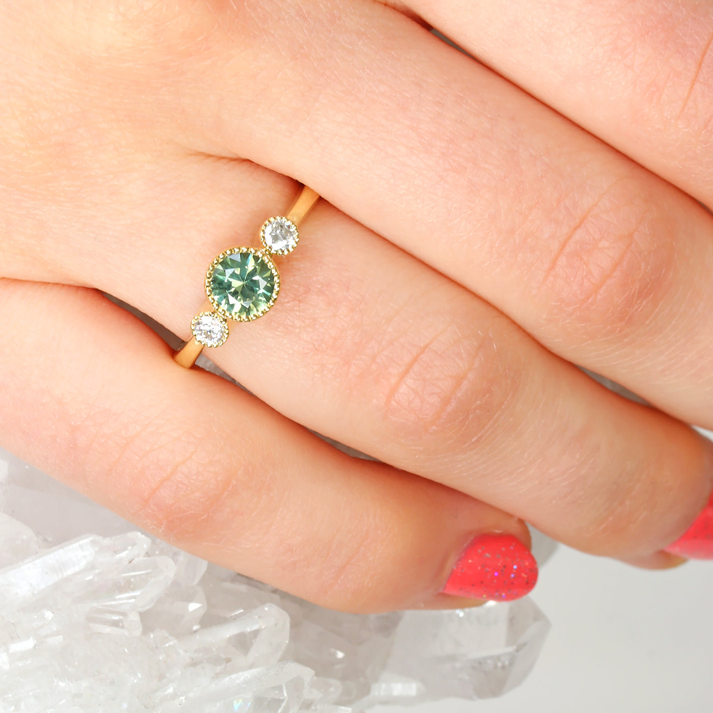 18ct Gold Green Sapphire and Diamond Trilogy Engagement Ring