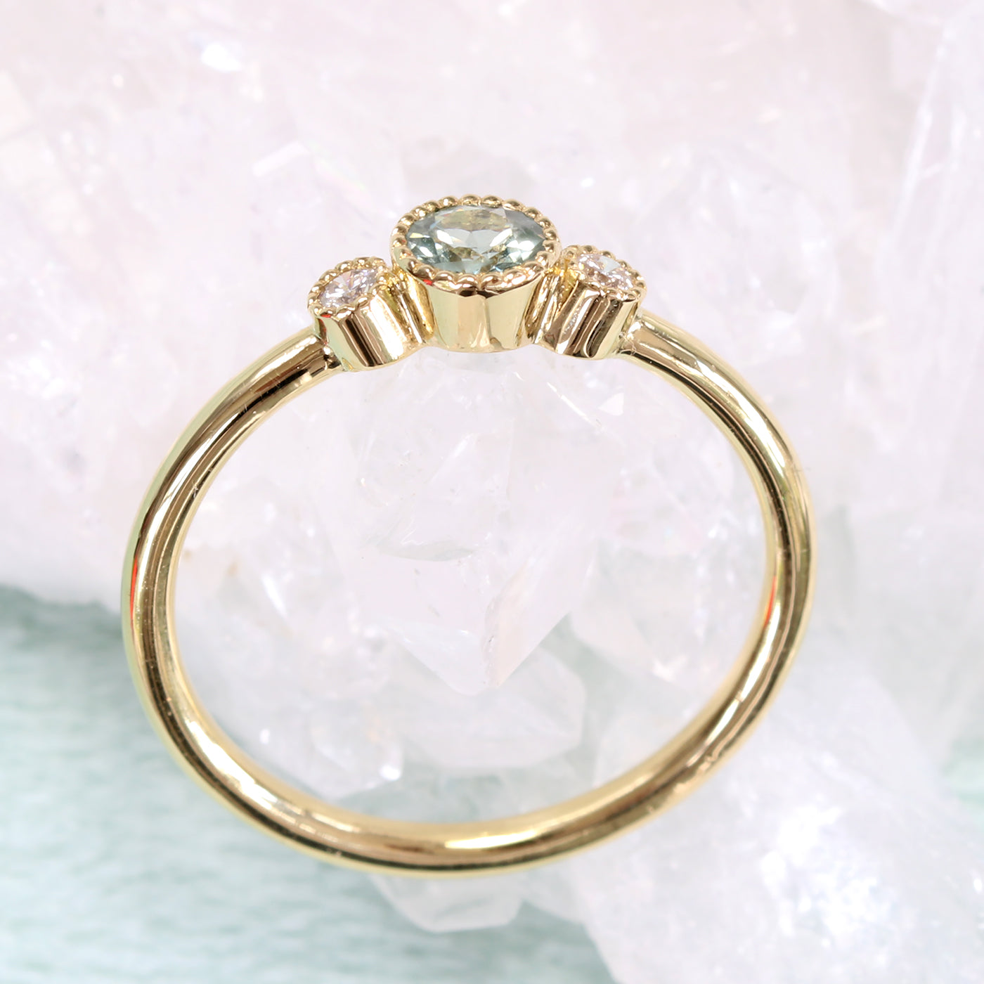 18ct Gold Petite Green Teal Milgrain Engraved Sapphire & Diamond Trilogy Engagement Ring