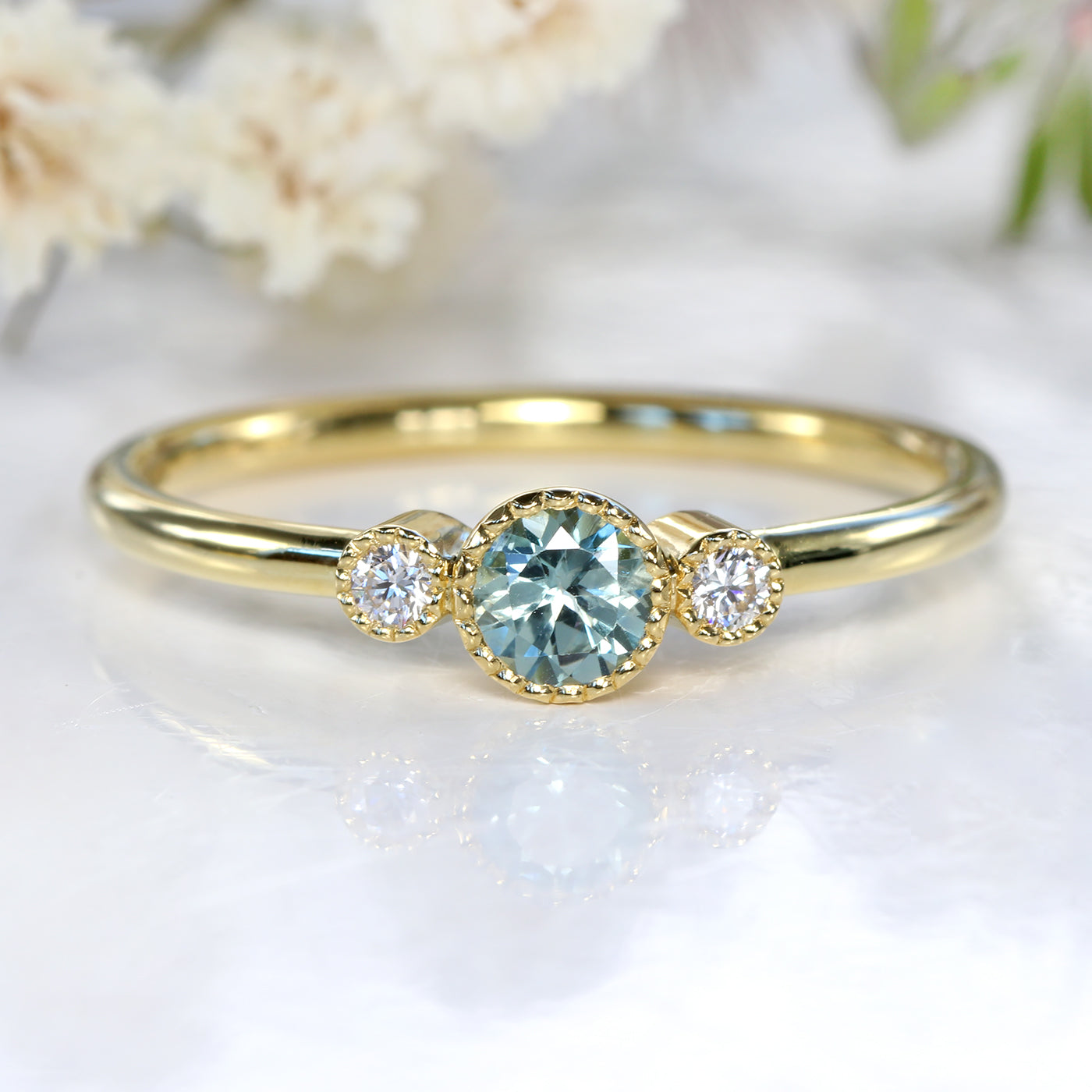 18ct Gold Petite Green Teal Milgrain Engraved Sapphire & Diamond Trilogy Engagement Ring