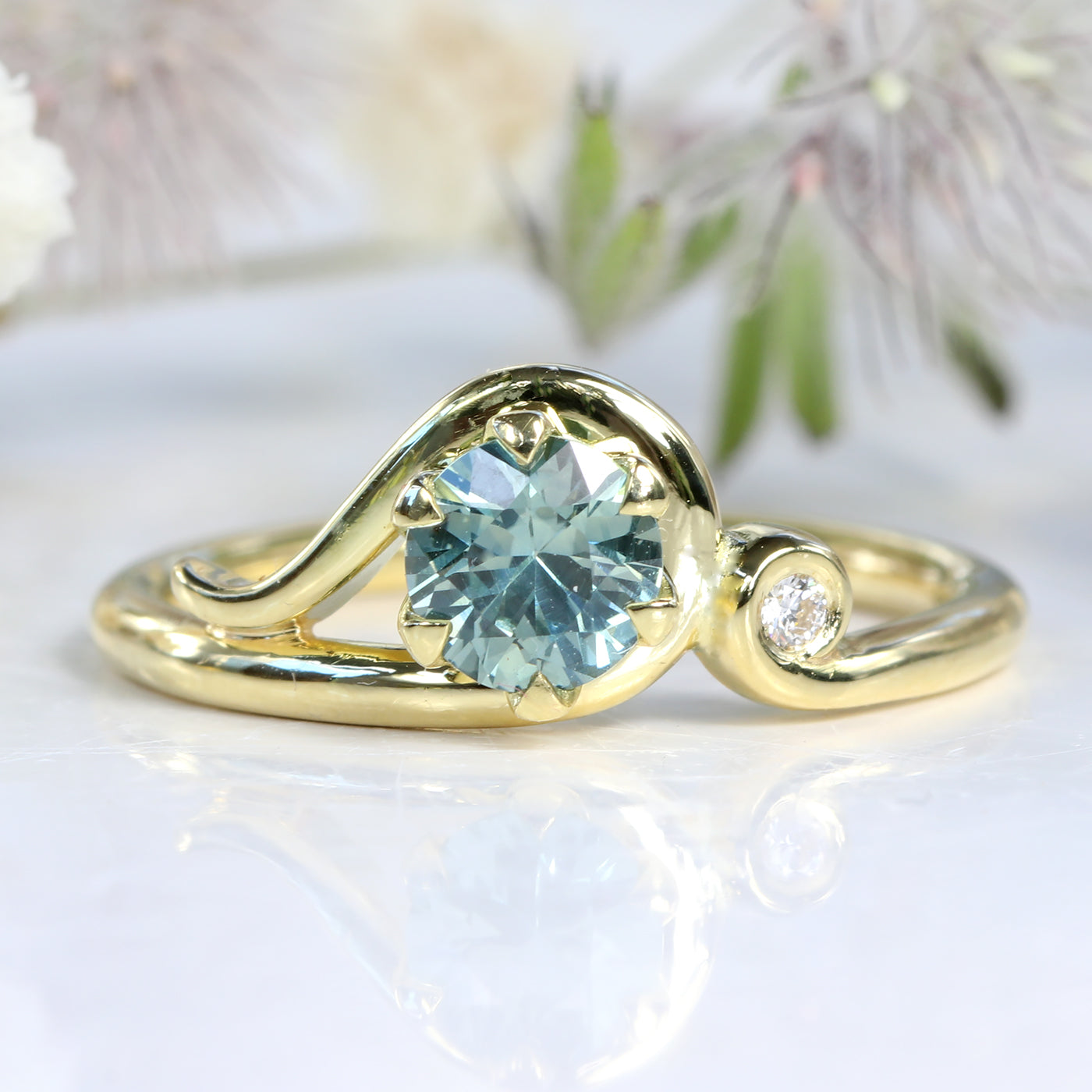 Custom 18ct Gold Art Nouveau Inspired Sapphire and Diamond Engagement Ring