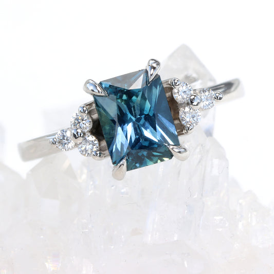 Platinum Radiant Cut Sapphire & Diamond Cluster Engagement Ring