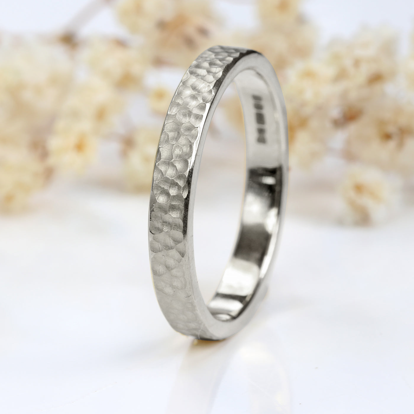 3mm Flat Hammered Platinum Wedding Ring