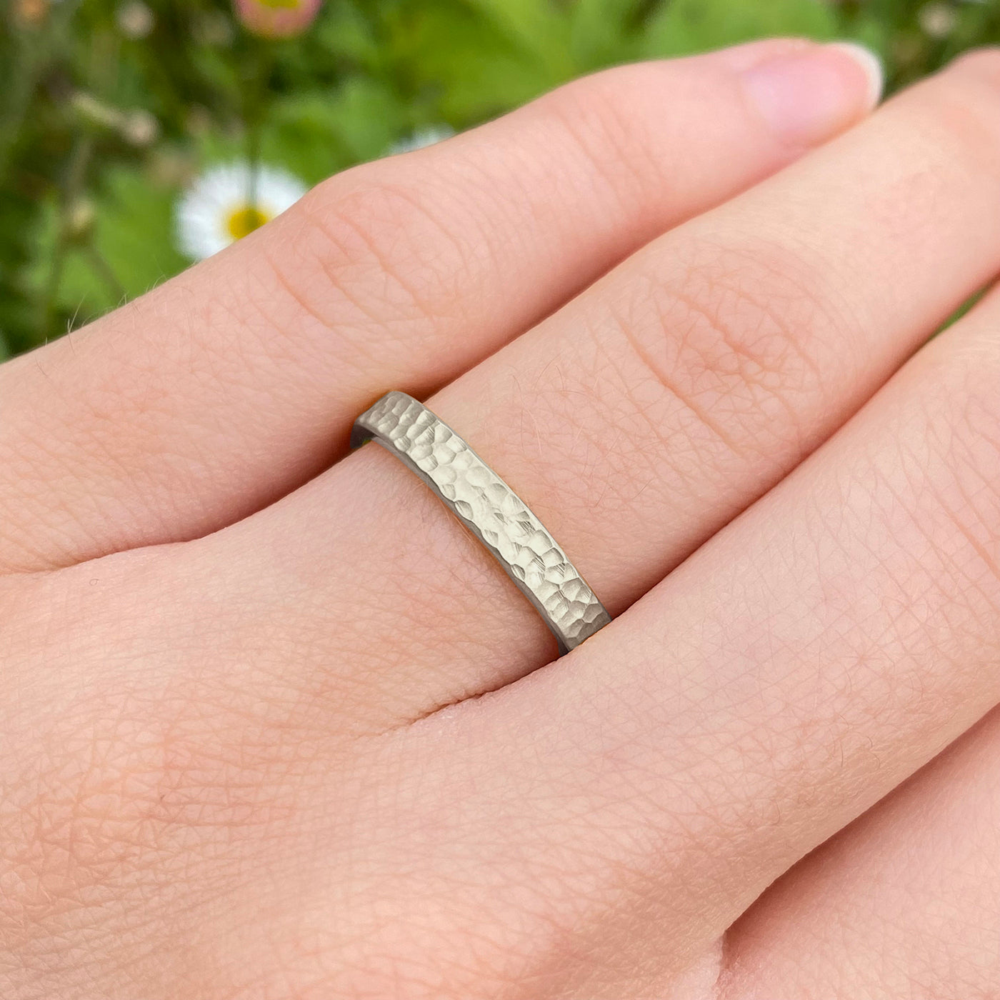 3mm Flat Hammered White Gold Wedding Ring
