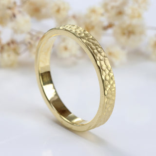 3mm Flat Hammered Wedding Ring in 18ct Yellow Gold – Size N 1/2 (Resize G – O)