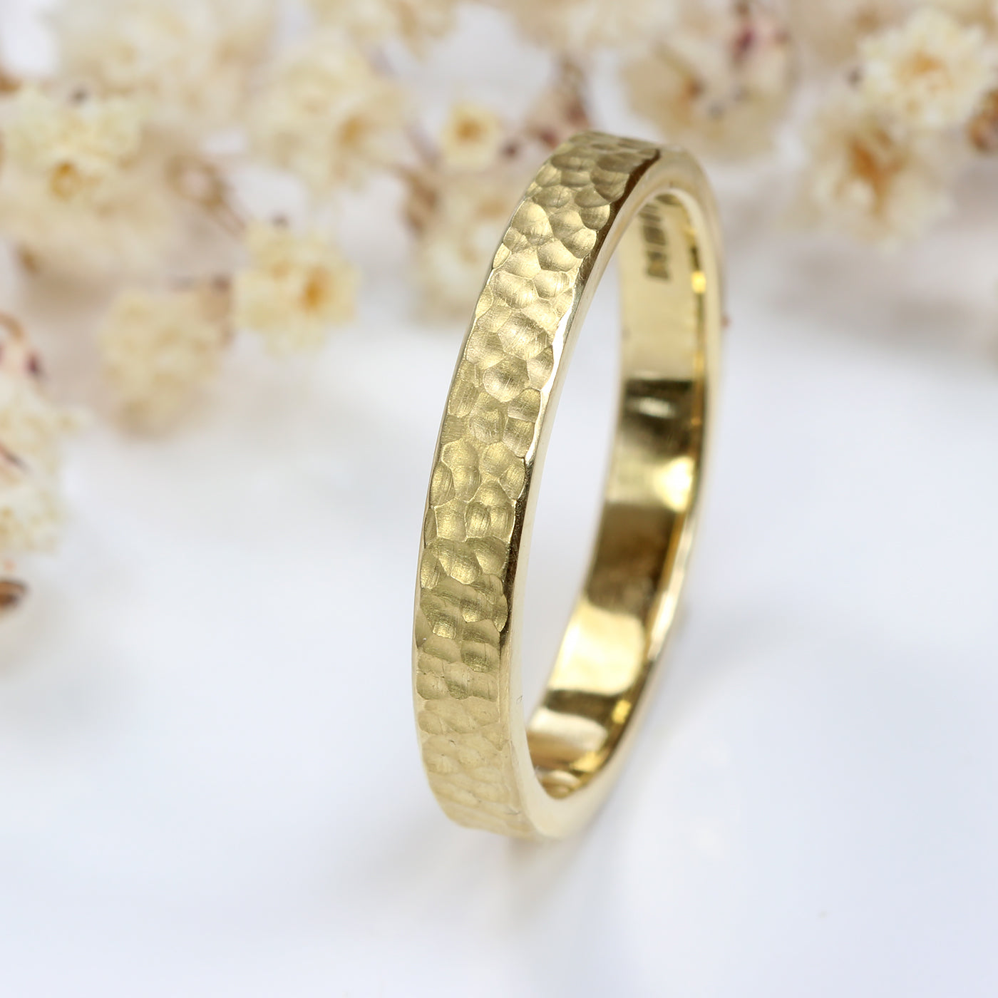 3mm Flat Hammered Wedding Ring in 18ct Yellow Gold – Size N 1/2 (Resize G – O)