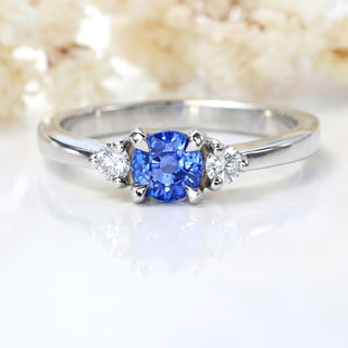 Custom Ceylon Sapphire and Diamond Trilogy Platinum Engagement Ring