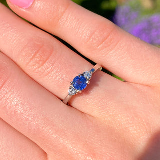 Custom Ceylon Sapphire and Diamond Trilogy Platinum Engagement Ring