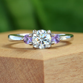 Custom Lab Diamond and Purple Sapphire Trilogy Ring