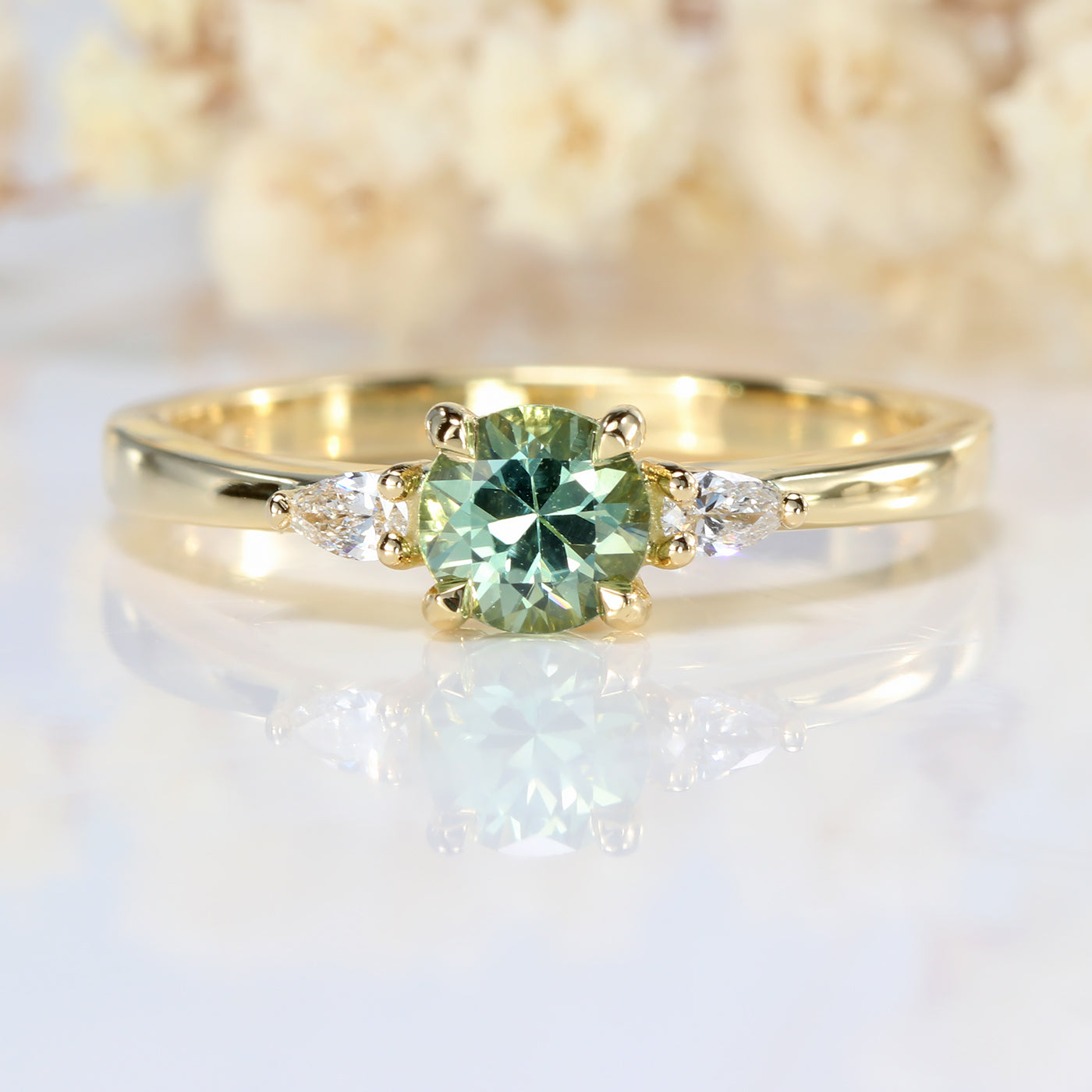Mint Green Sapphire & Diamond Trilogy Engagement Ring (Size M 1/2, Resized K 1/2 to O 1/2)