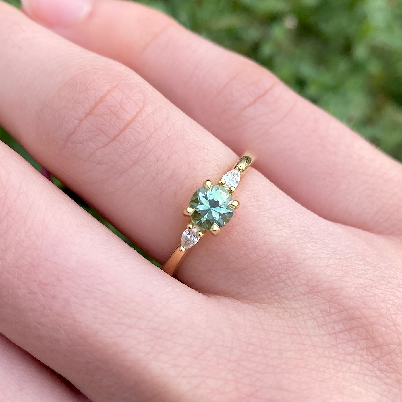 Mint Green Sapphire & Diamond Trilogy Engagement Ring (Size M 1/2, Resized K 1/2 to O 1/2)