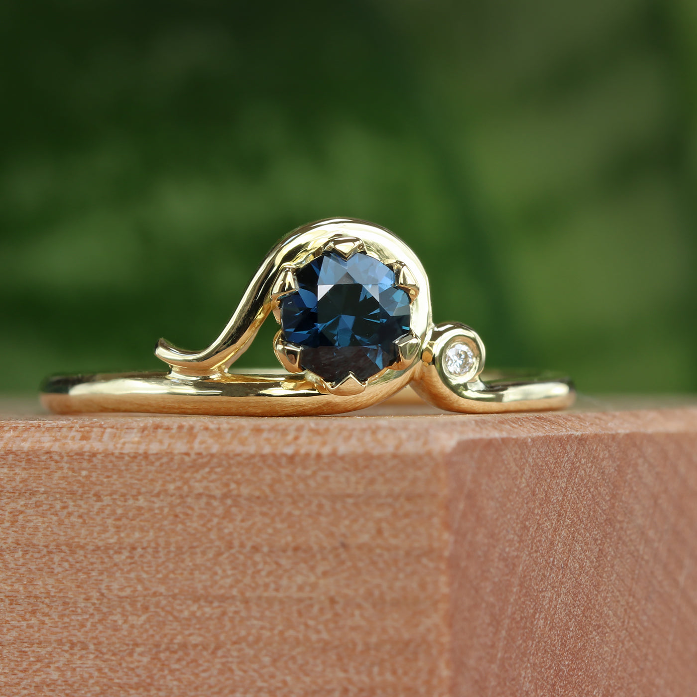 Custom Art Nouveau Inspired Blue Sapphire and Diamond Ring