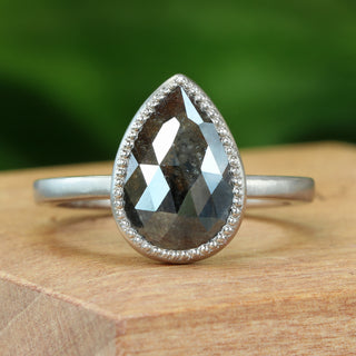 Lowenna - 18ct White Gold Rustic Pear Cut Black Diamond Solitaire Engagement Ring (Size K, Resize I - M)