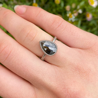 Lowenna - 18ct White Gold Rustic Pear Cut Black Diamond Solitaire Engagement Ring (Size K, Resize I - M)