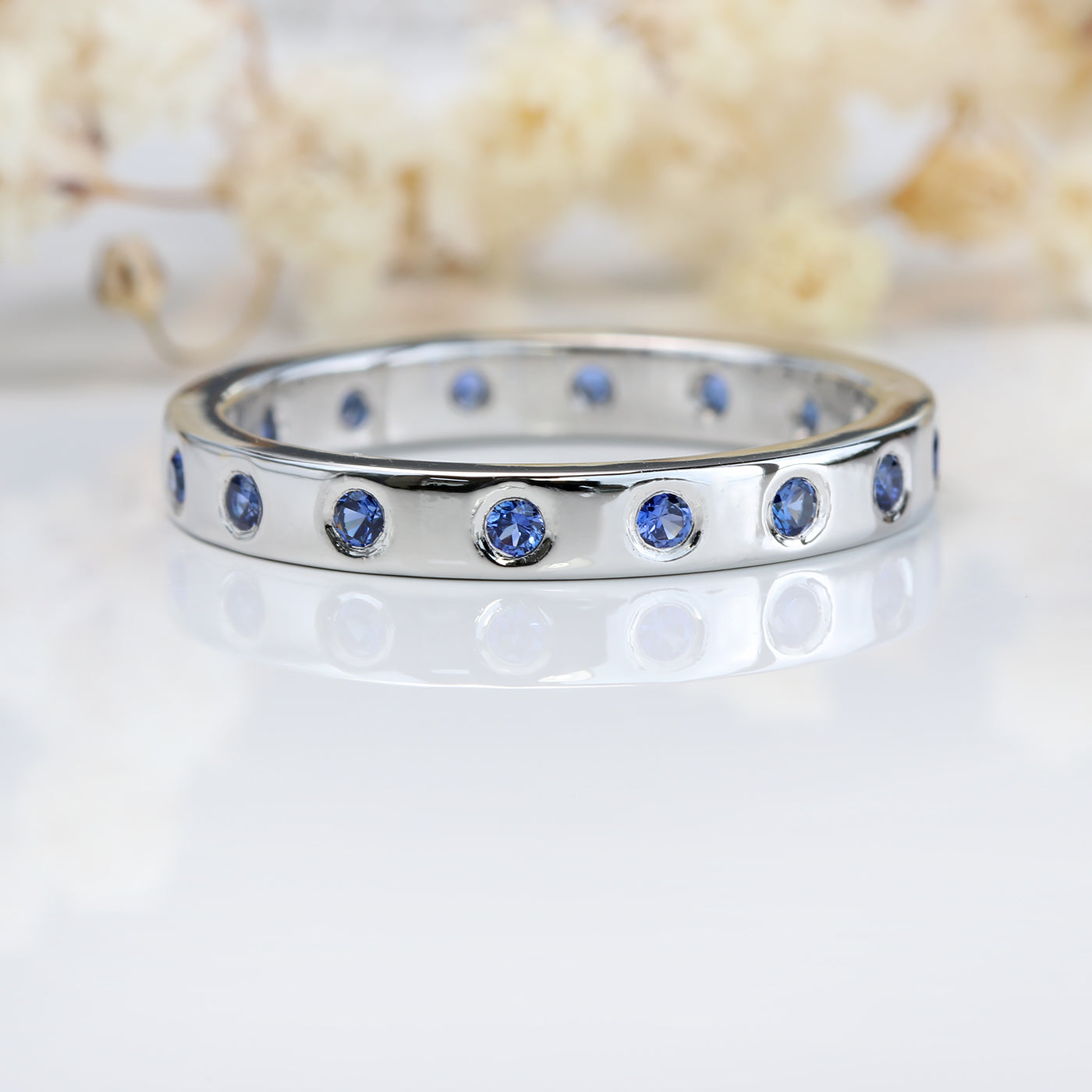 Custom Ceylon Sapphire Wedding Ring in Platinum