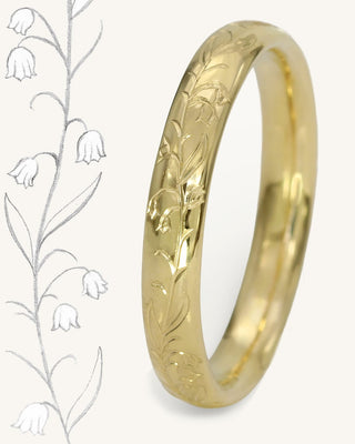 Bluebells hand engraved 3mm court profile wedding ring in 18ct gold