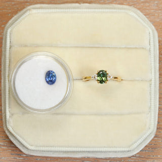 Custom design service - loose oval blue sapphire and oval green sapphire and diamond engagement ring