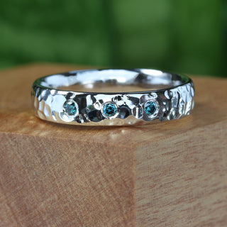 Custom Blue Diamond Hammered Platinum Wedding Ring