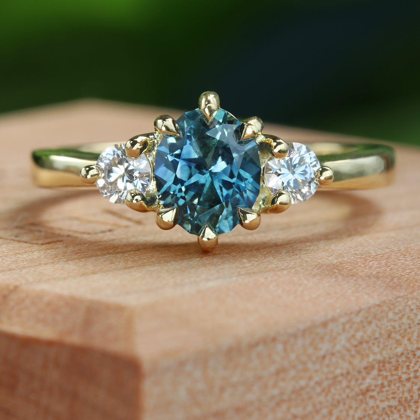 Oval Blue Teal Sapphire & Diamond Trilogy Engagement Ring