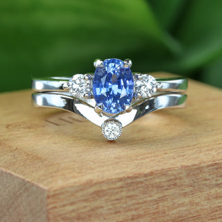 Custom Bridal Set - Ceylon Sapphire and Diamond Trilogy Ring with Diamond Wishbone Ring