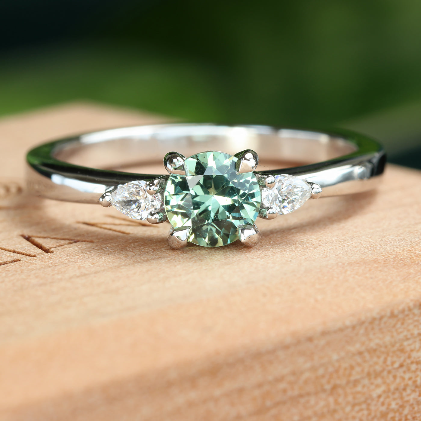 Platinum Green Sapphire & Diamond Trilogy Engagement Ring