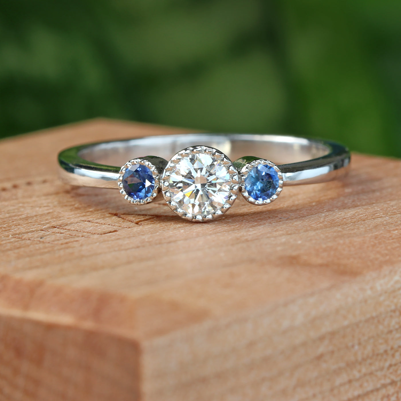 Platinum Diamond and Sapphire Trilogy Ring (Size L, Resize I - O)