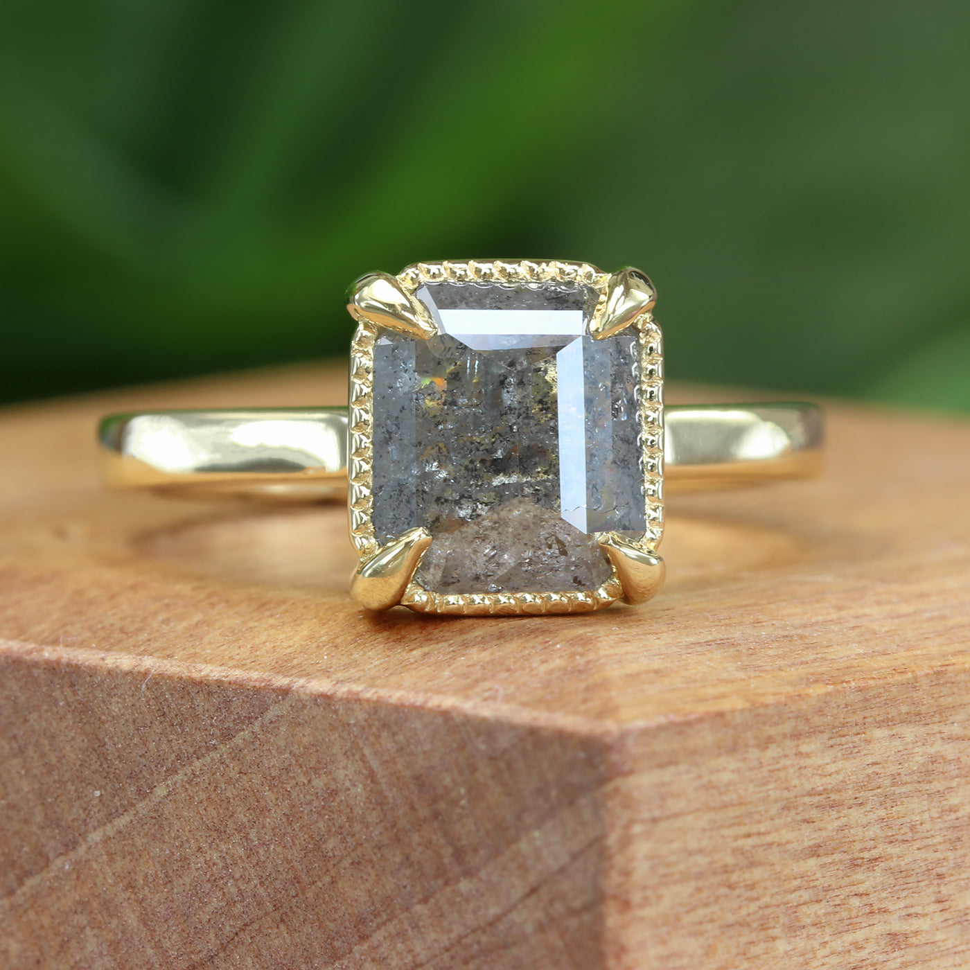 18ct Gold Emerald Cut Salt & Pepper Diamond Solitaire Ring (Size K, Resize I - M)