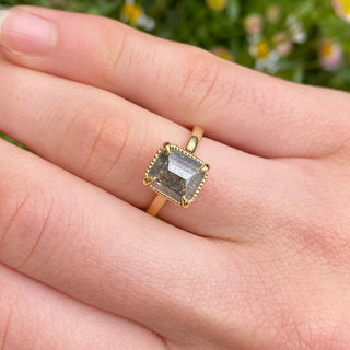 Emerald cut salt and pepper diamond engagement ring worn on hand outdoors.