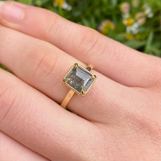 Salt and pepper diamond engagement ring shown worn against greenery.