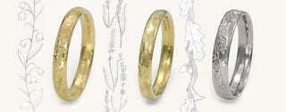Lilia Nash floral sketches and hand engraved wedding bands in 18ct gold and platinum, including bluebells, lavender and oak leaves