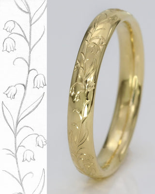 Bluebells hand engraved 3mm court profile wedding ring in 18ct gold