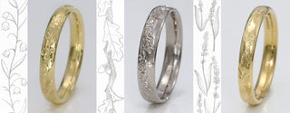 Lilia Nash hand engraved wedding bands - bluebells, oak leaves and lavender engraved rings