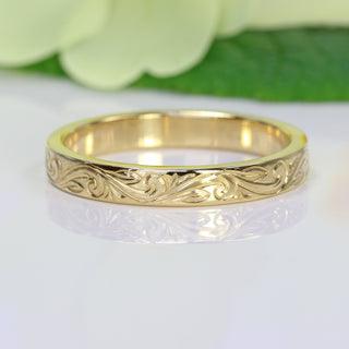 18ct Gold Floral Scroll Engraved 3mm Flat Profile Wedding Ring - Size O 1/2