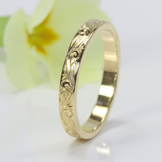 18ct Gold Floral Scroll Engraved 3mm Flat Profile Wedding Ring - Size O 1/2