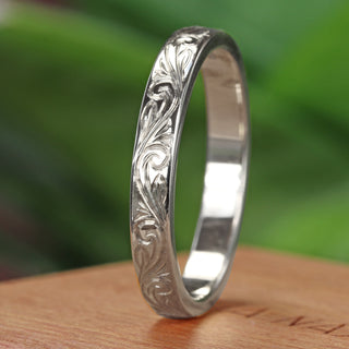 Platinum Floral Scroll Engraved 3mm Flat Profile Wedding Ring