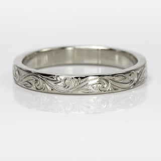 Platinum Floral Scroll Engraved 3mm Flat Profile Wedding Ring