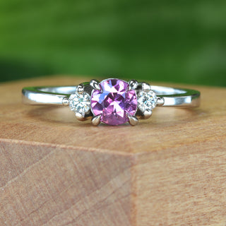Custom Platinum Fuchsia Pink Sapphire and Diamond Trilogy Engagement Ring (Size N, Resize K - Q)