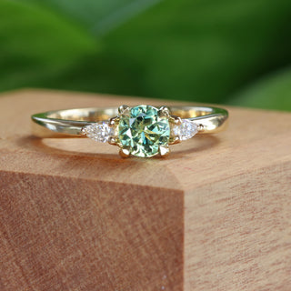Custom Fair Trade Green Teal Sapphire & Pear Cut Diamond Trilogy Engagement Ring