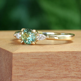 Custom Fair Trade Green Teal Sapphire & Pear Cut Diamond Trilogy Engagement Ring