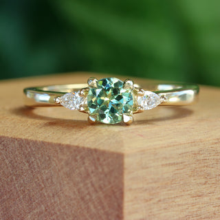 Custom Fair Trade Green Teal Sapphire & Pear Cut Diamond Trilogy Engagement Ring